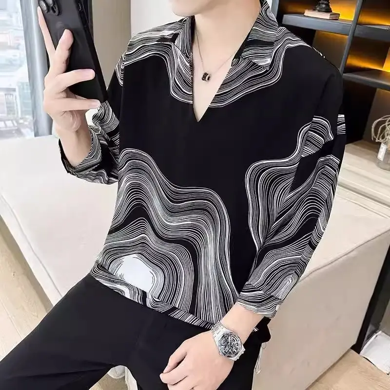 Men's 7-Sleeve Striped Shirt Black White Summer Wear