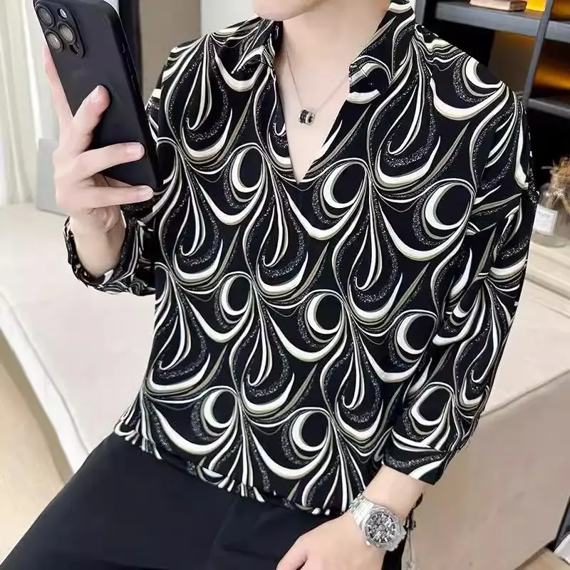 Men's 7-Sleeve Striped Shirt Black White Summer Wear