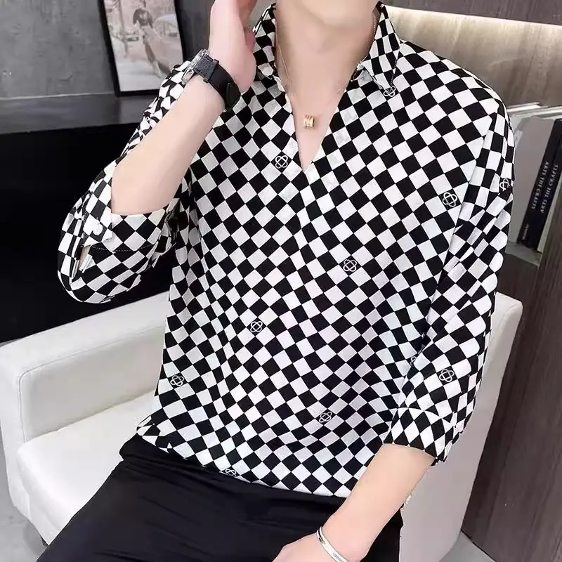 Men's 7-Sleeve Striped Shirt Black White Summer Wear