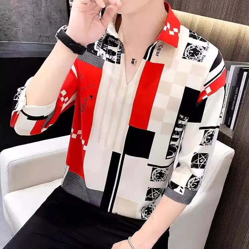 Men's 7-Sleeve Striped Shirt Black White Summer Wear