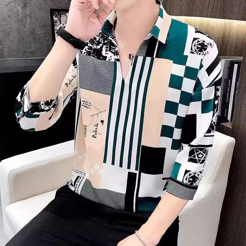 Men's 7-Sleeve Striped Shirt Black White Summer Wear