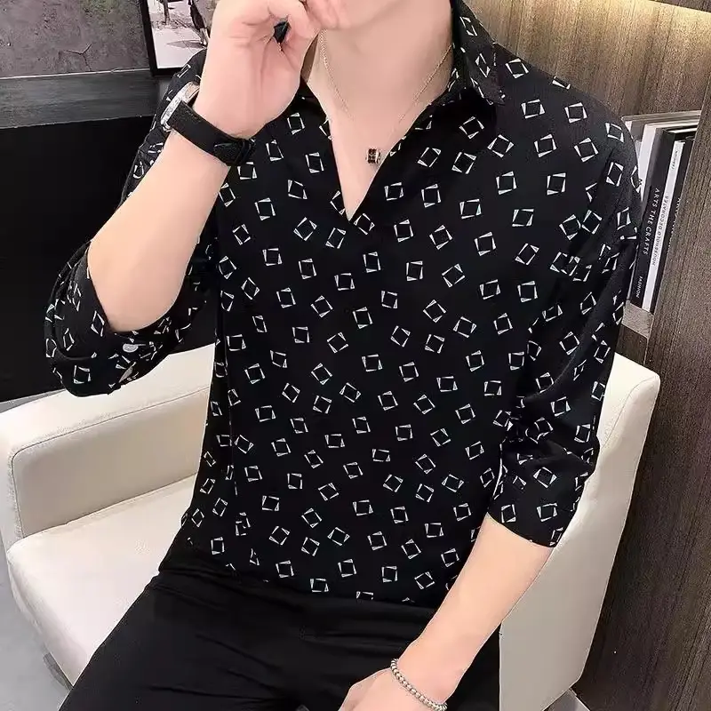 Men's 7-Sleeve Striped Shirt Black White Summer Wear