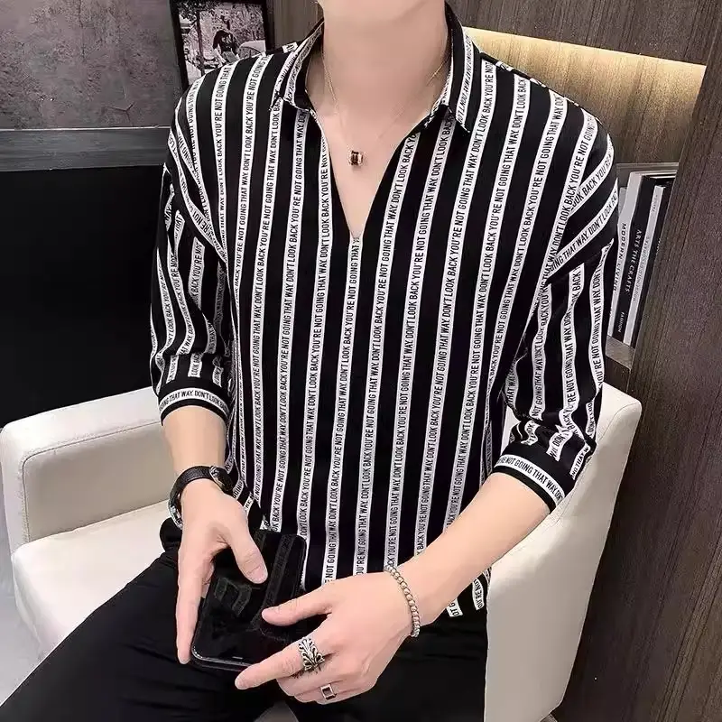 Men's 7-Sleeve Striped Shirt Black White Summer Wear
