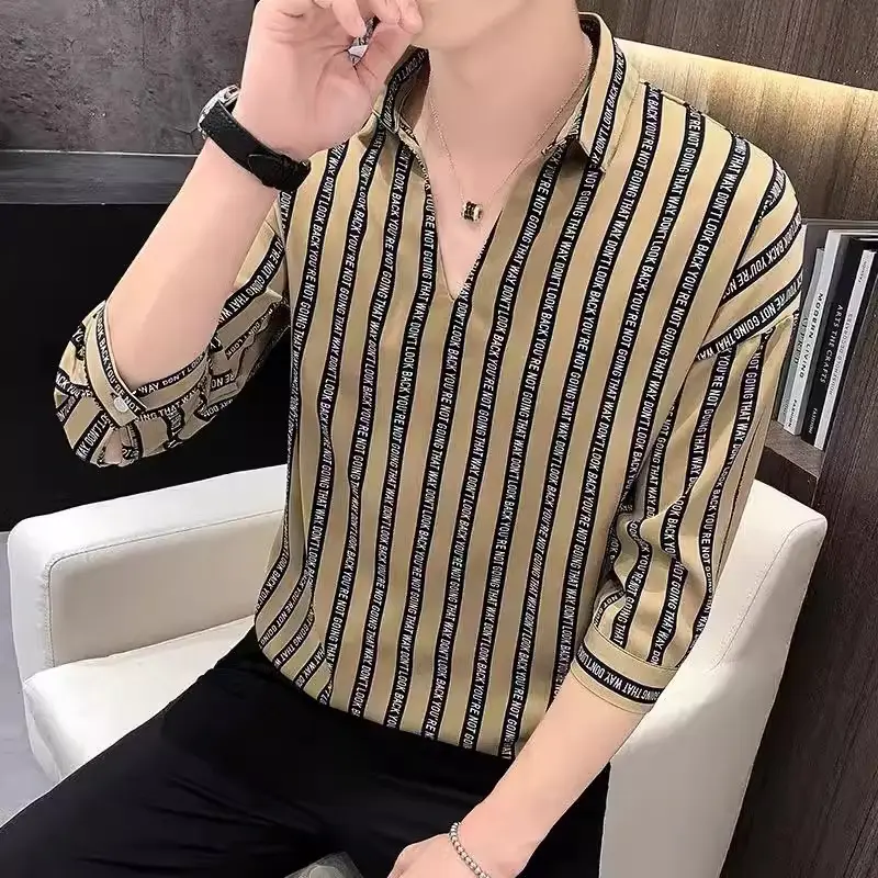 Men's 7-Sleeve Striped Shirt Black White Summer Wear