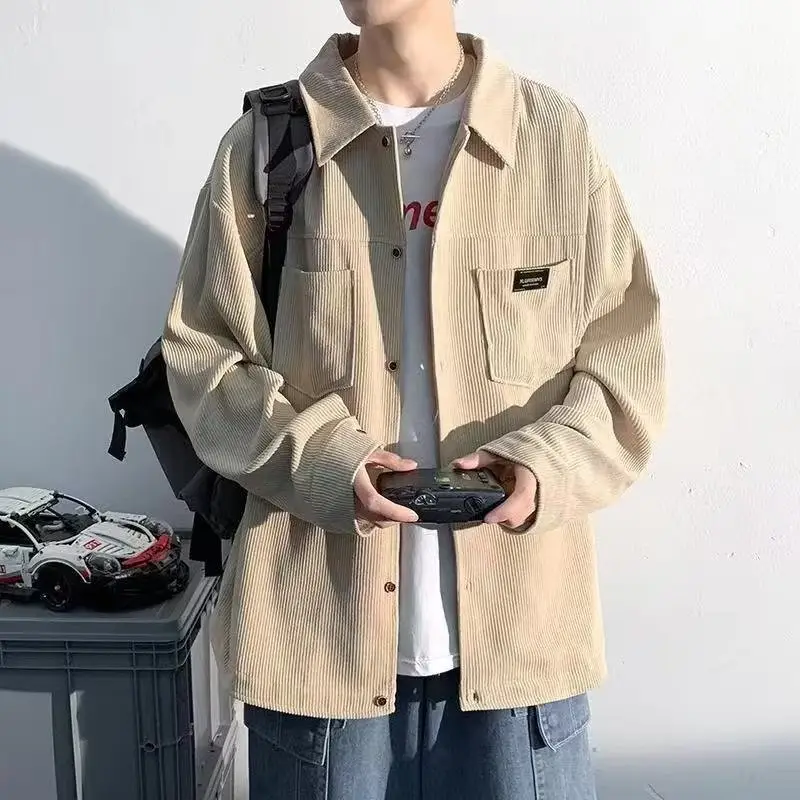 Men's Long Sleeve Corduroy Shirt Beige Spring Autumn Loose Japanese Style - Image 6