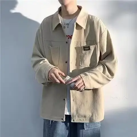 Men's Long Sleeve Corduroy Shirt Beige Spring Autumn Loose Japanese Style — feature 3