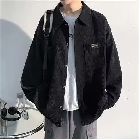 Men's Long Sleeve Corduroy Shirt Beige Spring Autumn Loose Japanese Style — feature 5