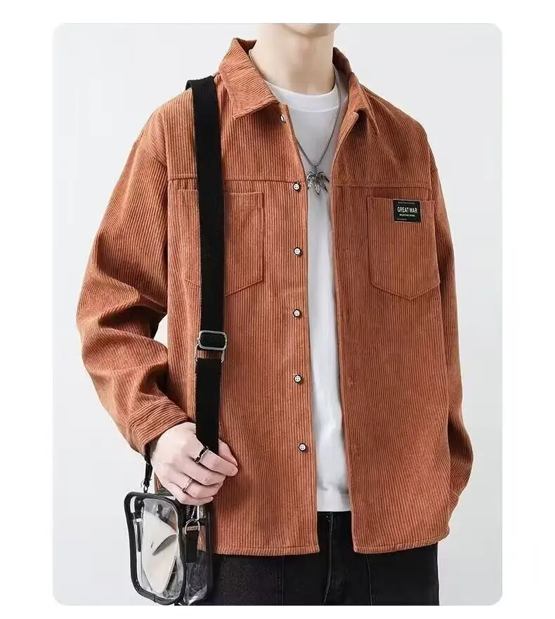 Men's Long Sleeve Corduroy Shirt Beige Spring Autumn Loose Japanese Style - Image 4