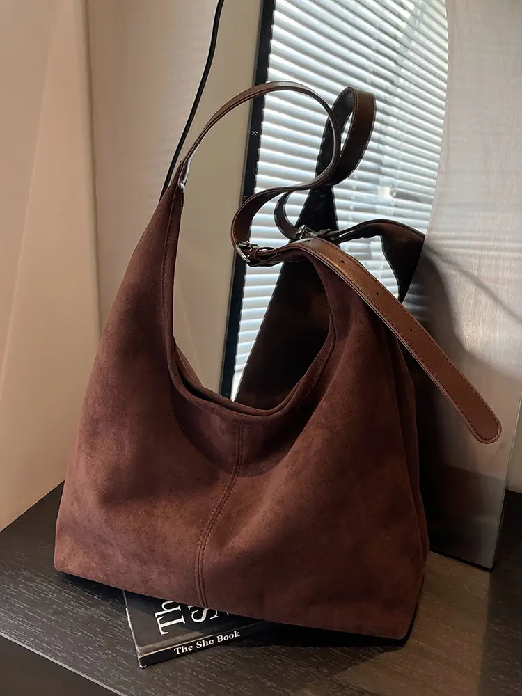 Black Suede Bucket Bag Large Capacity Single Shoulder Tote