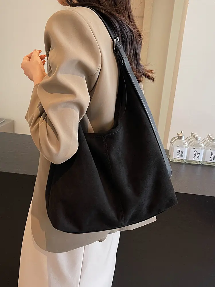 Black Suede Bucket Bag Large Capacity Single Shoulder Tote