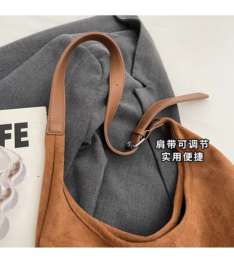Black Suede Bucket Bag Large Capacity Single Shoulder Tote — feature 12