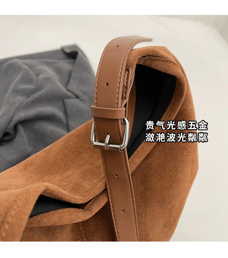 Black Suede Bucket Bag Large Capacity Single Shoulder Tote — feature 15