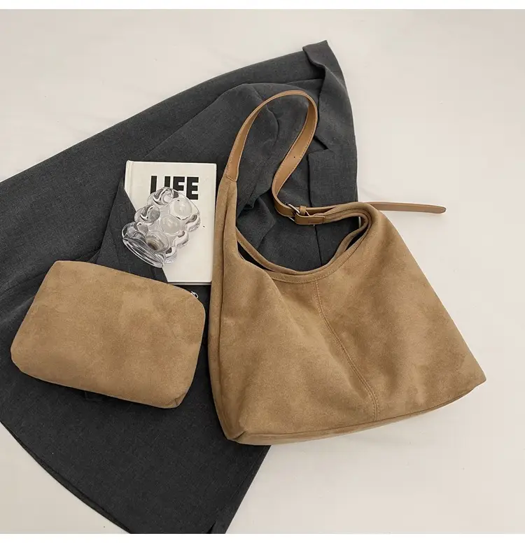 Black Suede Bucket Bag Large Capacity Single Shoulder Tote