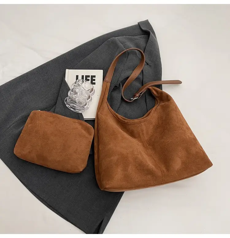 Black Suede Bucket Bag Large Capacity Single Shoulder Tote
