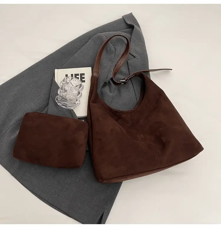 Black Suede Bucket Bag Large Capacity Single Shoulder Tote
