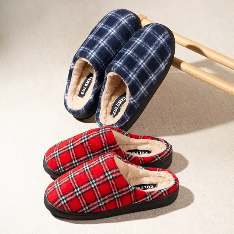 Cross-border Household Mao Mao Slippers Winter Warm Woolen Plaid Cotton Slippers Thickened Non-slip Soft-soled Cotton Shoes