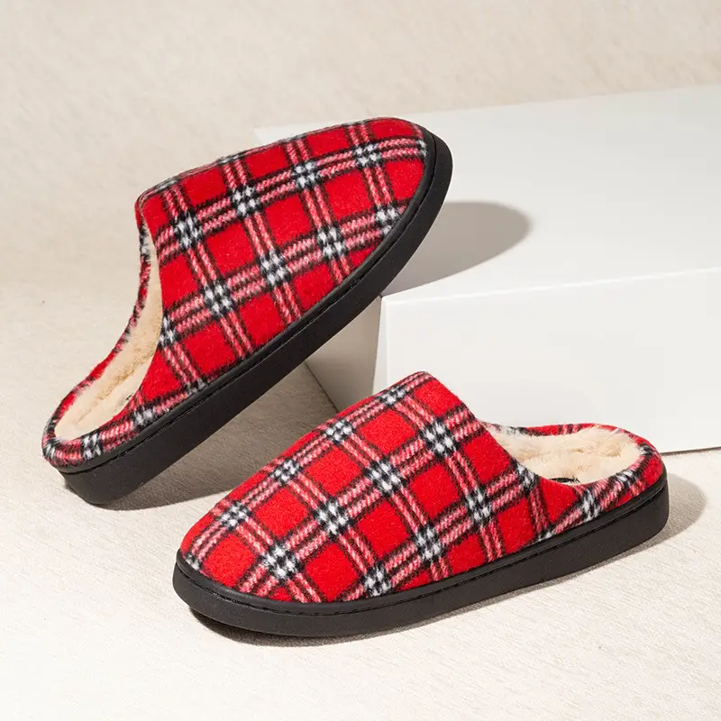 Cross-border Household Mao Mao Slippers Winter Warm Woolen Plaid Cotton Slippers Thickened Non-slip Soft-soled Cotton Shoes