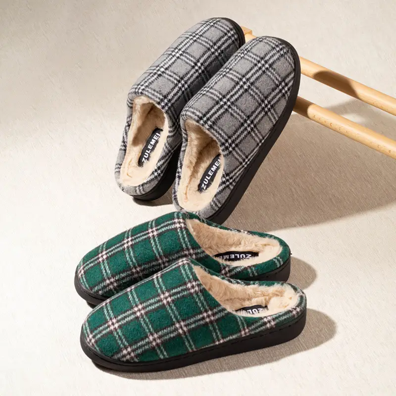Cross-border Household Mao Mao Slippers Winter Warm Woolen Plaid Cotton Slippers Thickened Non-slip Soft-soled Cotton Shoes