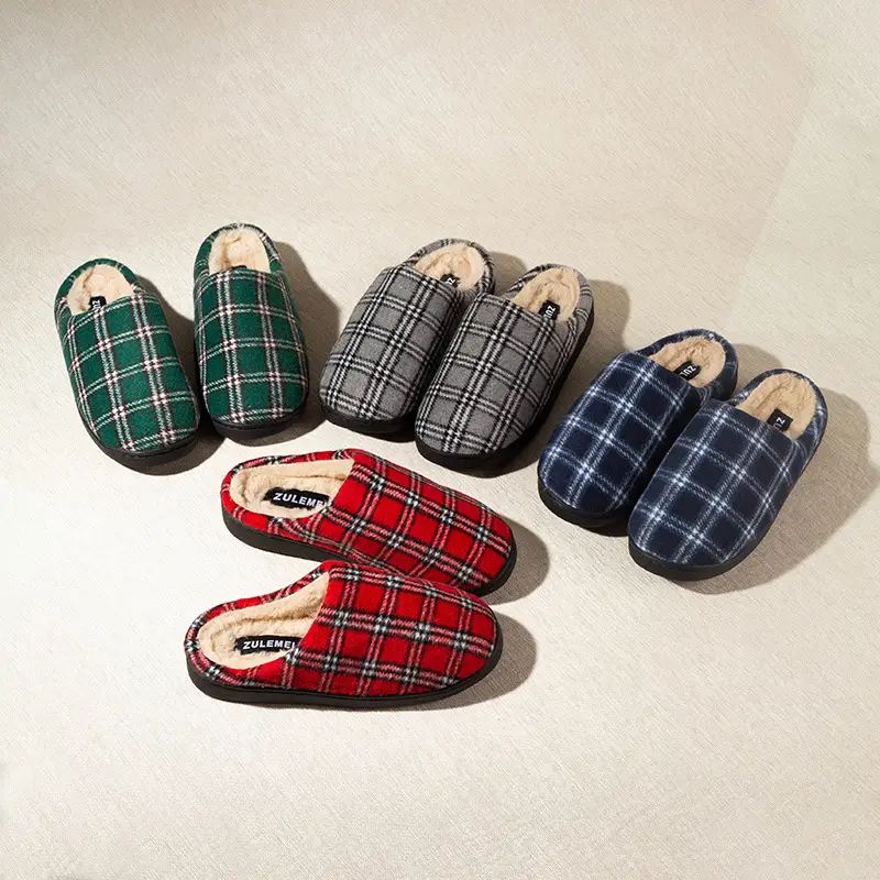 Cross-border Household Mao Mao Slippers Winter Warm Woolen Plaid Cotton Slippers Thickened Non-slip Soft-soled Cotton Shoes