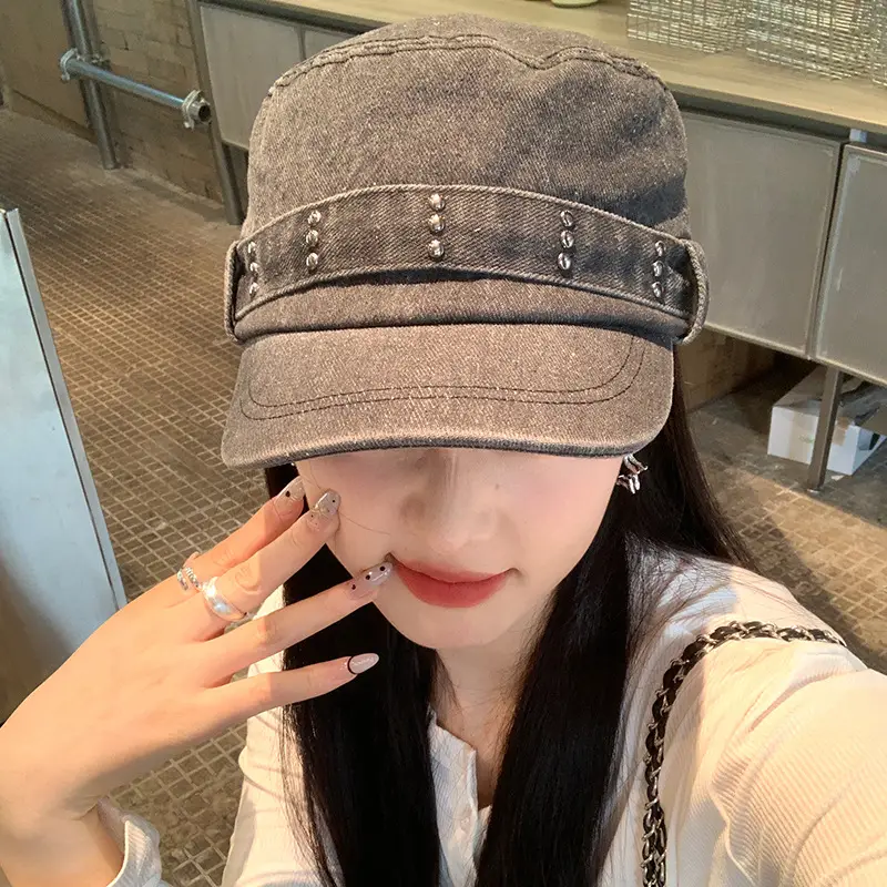 Korean Style Retro Denim Flat Top Beret Women's Spring and Autumn Big Head Face Showcase Small Cap Old Washed Hat Trendy - Image 4