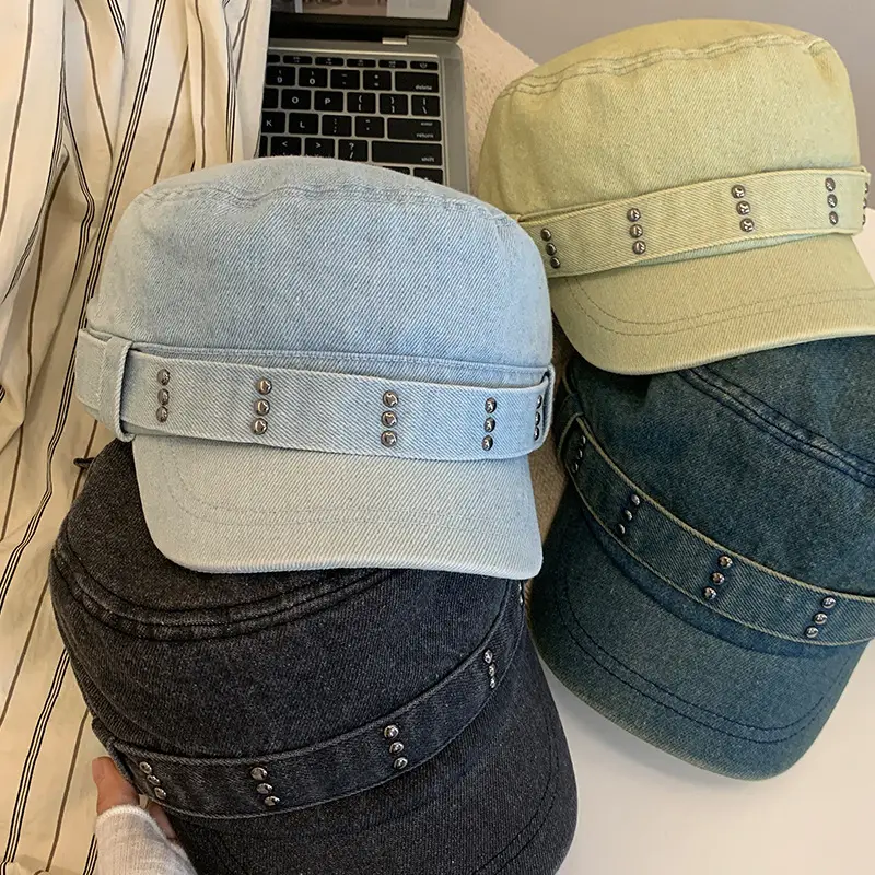 Korean Style Retro Denim Flat Top Beret Women's Spring and Autumn Big Head Face Showcase Small Cap Old Washed Hat Trendy - Image 5