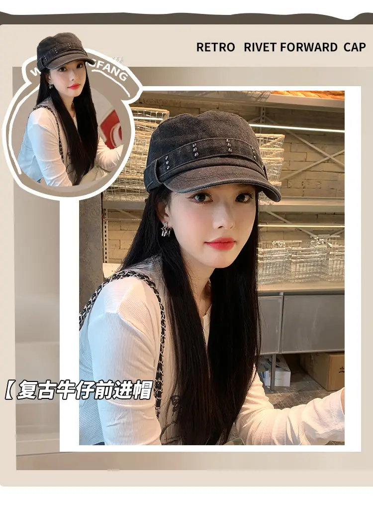 Korean Style Retro Denim Flat Top Beret Women's Spring and Autumn Big Head Face Showcase Small Cap Old Washed Hat Trendy — feature 1