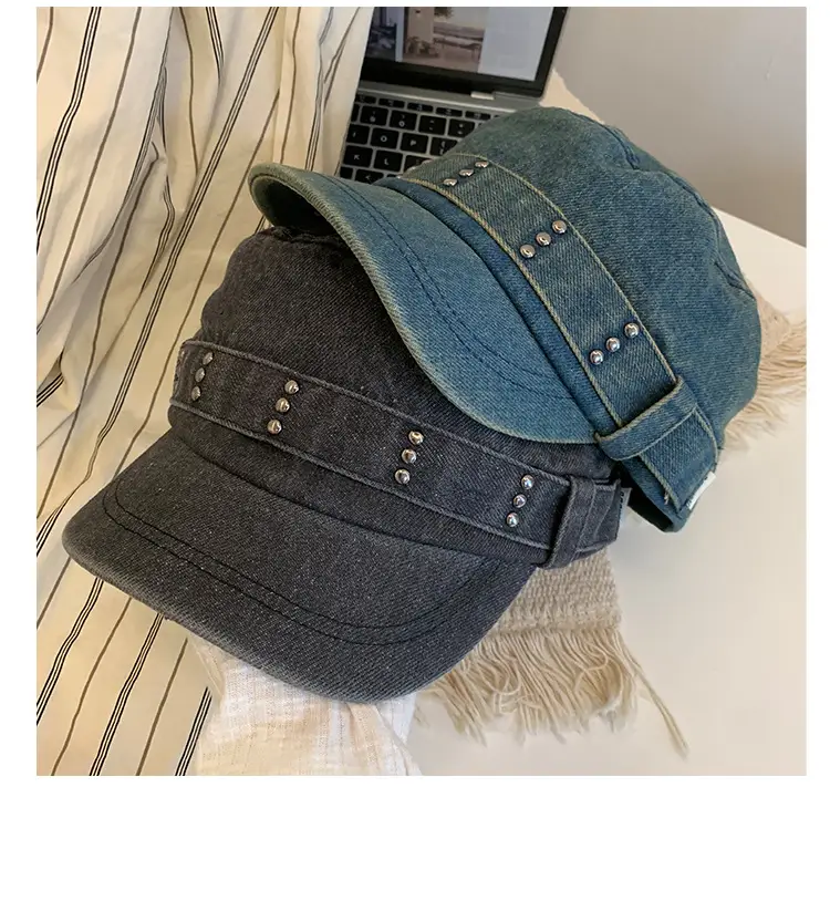 Korean Style Retro Denim Flat Top Beret Women's Spring and Autumn Big Head Face Showcase Small Cap Old Washed Hat Trendy — feature 10