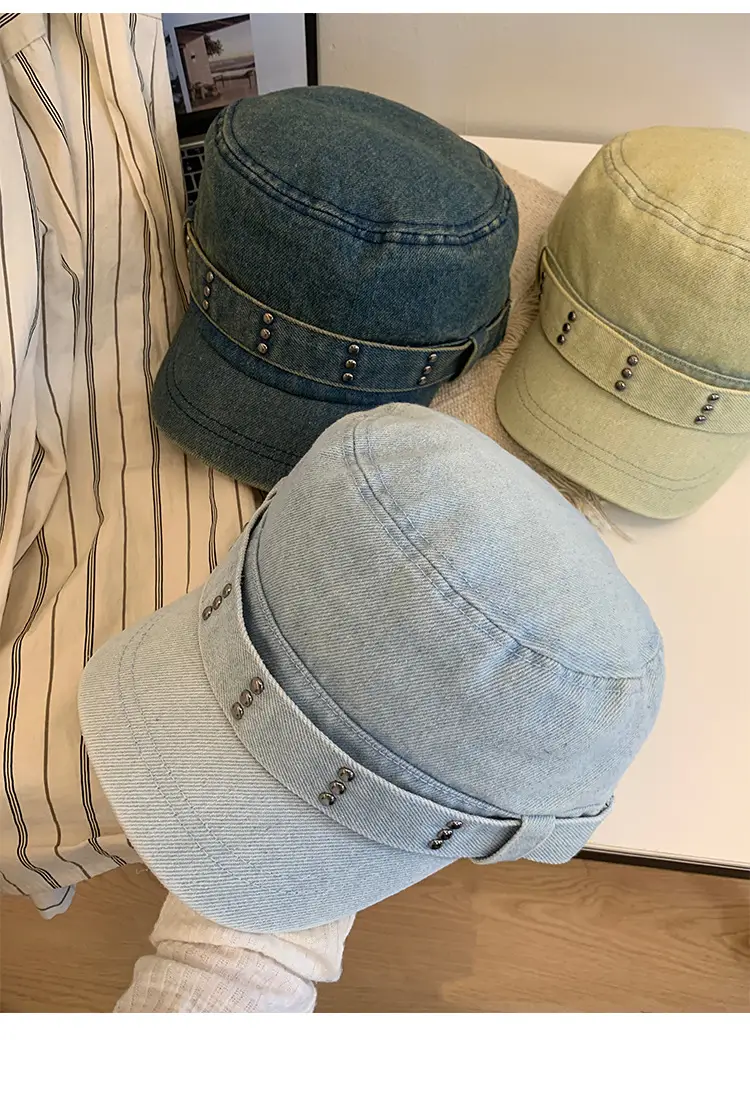 Korean Style Retro Denim Flat Top Beret Women's Spring and Autumn Big Head Face Showcase Small Cap Old Washed Hat Trendy — feature 11