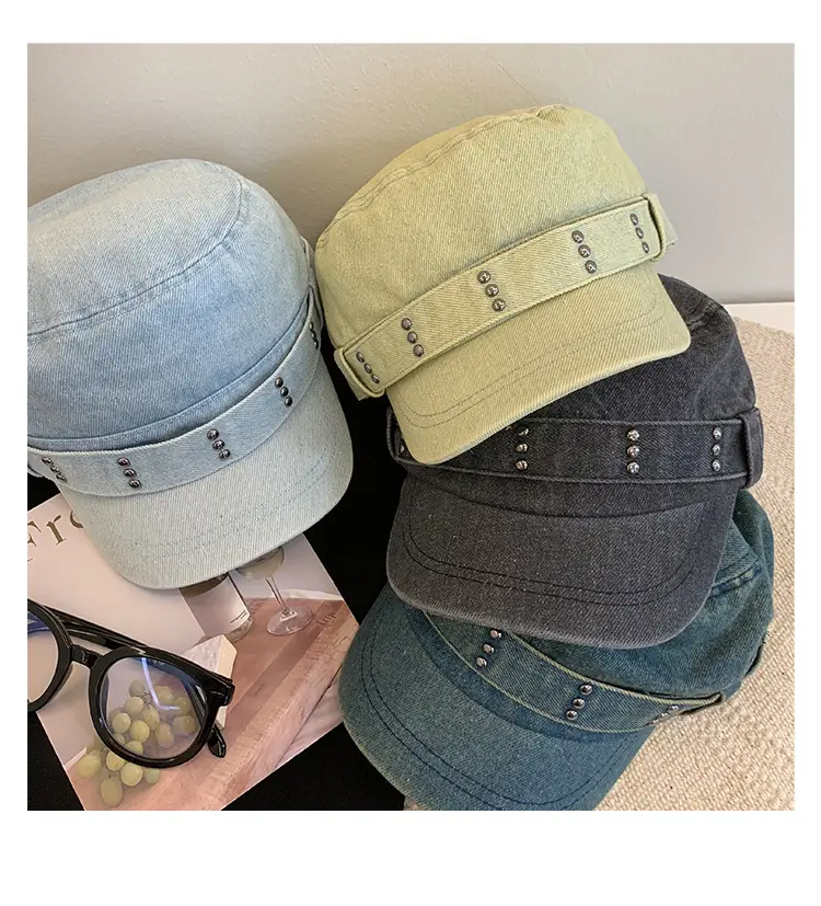 Korean Style Retro Denim Flat Top Beret Women's Spring and Autumn Big Head Face Showcase Small Cap Old Washed Hat Trendy — feature 12