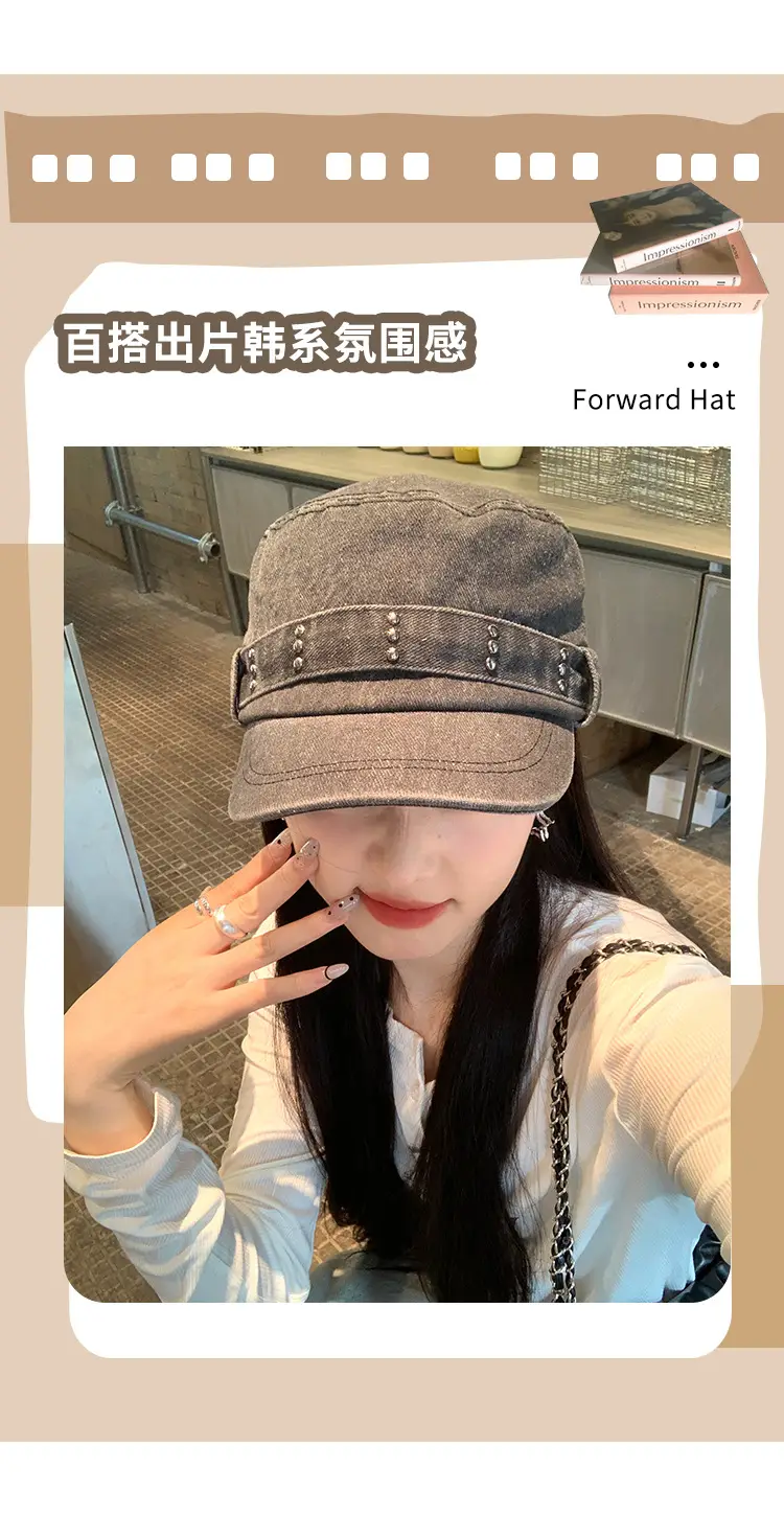 Korean Style Retro Denim Flat Top Beret Women's Spring and Autumn Big Head Face Showcase Small Cap Old Washed Hat Trendy — feature 2