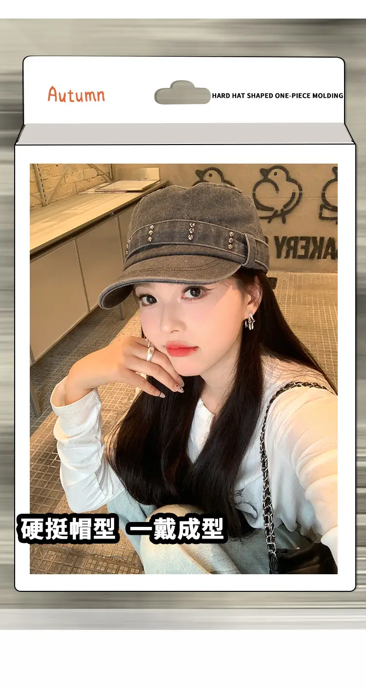Korean Style Retro Denim Flat Top Beret Women's Spring and Autumn Big Head Face Showcase Small Cap Old Washed Hat Trendy — feature 3