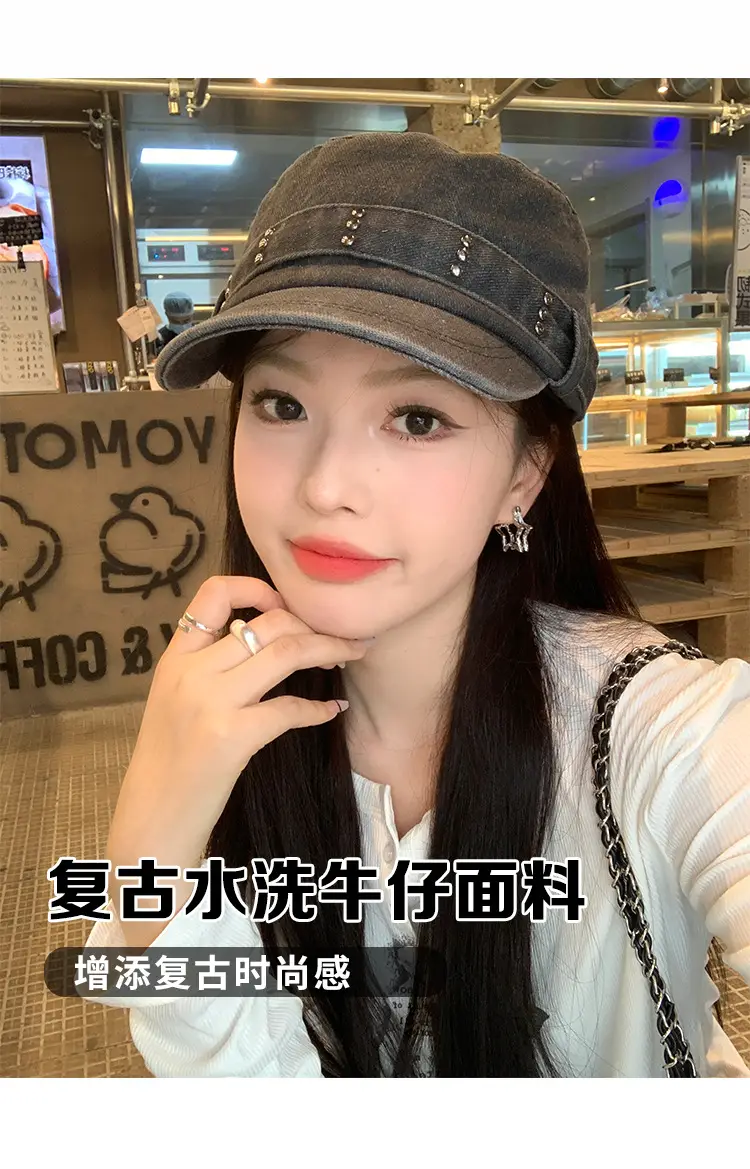 Korean Style Retro Denim Flat Top Beret Women's Spring and Autumn Big Head Face Showcase Small Cap Old Washed Hat Trendy — feature 5