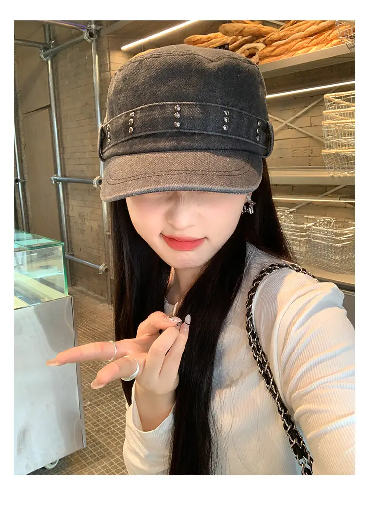 Korean Style Retro Denim Flat Top Beret Women's Spring and Autumn Big Head Face Showcase Small Cap Old Washed Hat Trendy — feature 6