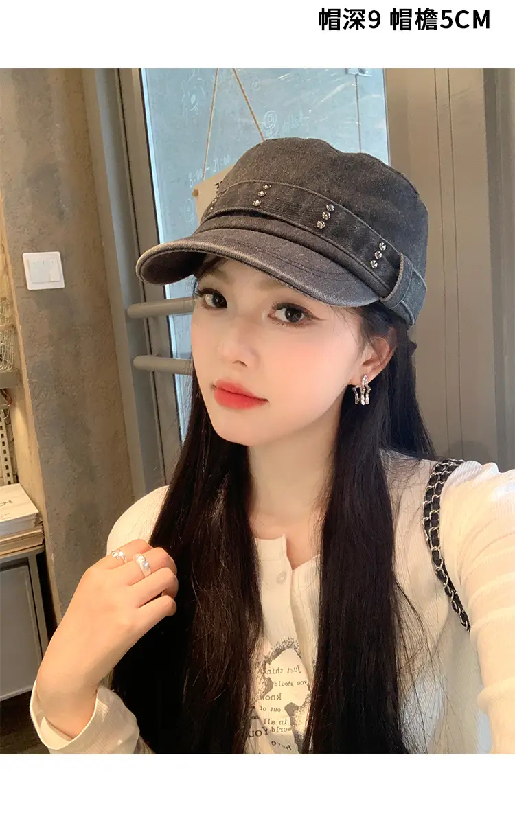 Korean Style Retro Denim Flat Top Beret Women's Spring and Autumn Big Head Face Showcase Small Cap Old Washed Hat Trendy — feature 7