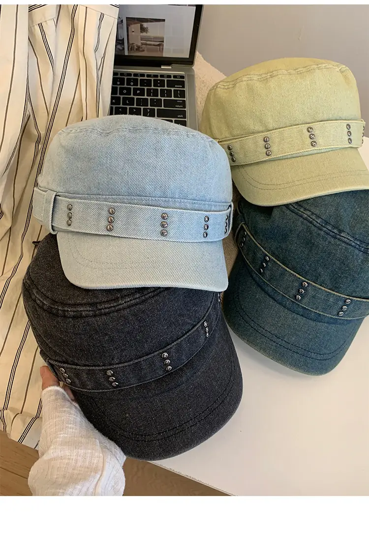 Korean Style Retro Denim Flat Top Beret Women's Spring and Autumn Big Head Face Showcase Small Cap Old Washed Hat Trendy — feature 9