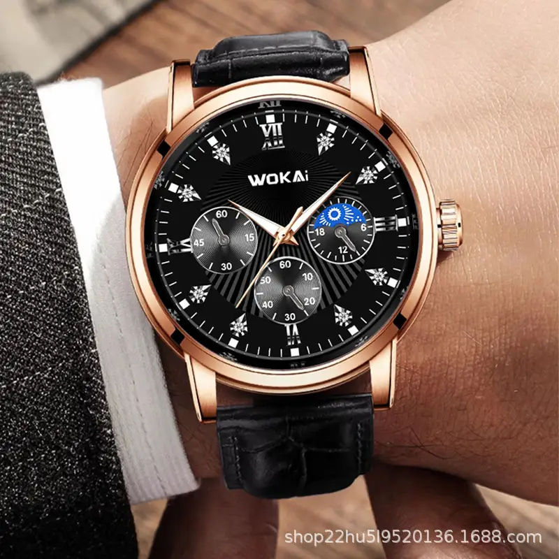 Wokai Men's Quartz Chronograph Watch Rose Gold Black Dial
