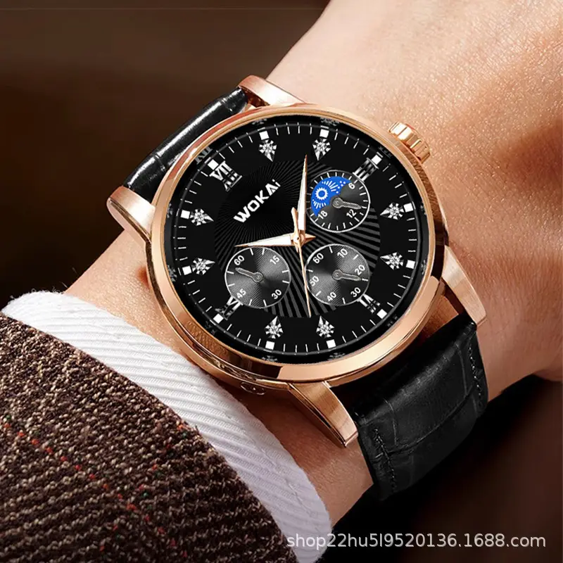 Wokai Men's Quartz Chronograph Watch Rose Gold Black Dial