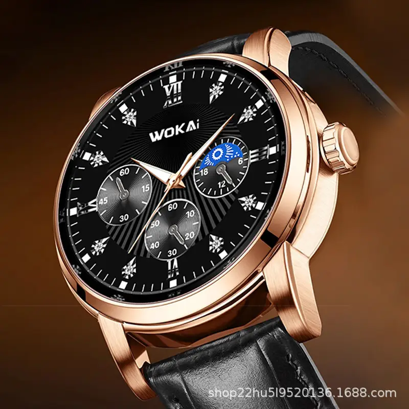 Wokai Men's Quartz Chronograph Watch Rose Gold Black Dial
