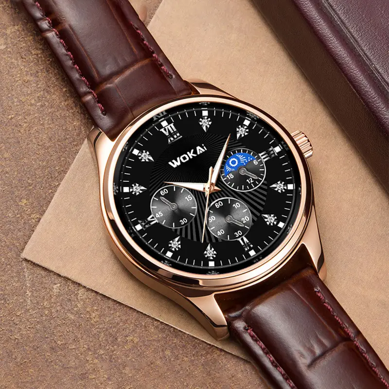 Wokai Men's Quartz Chronograph Watch Rose Gold Black Dial — feature 1