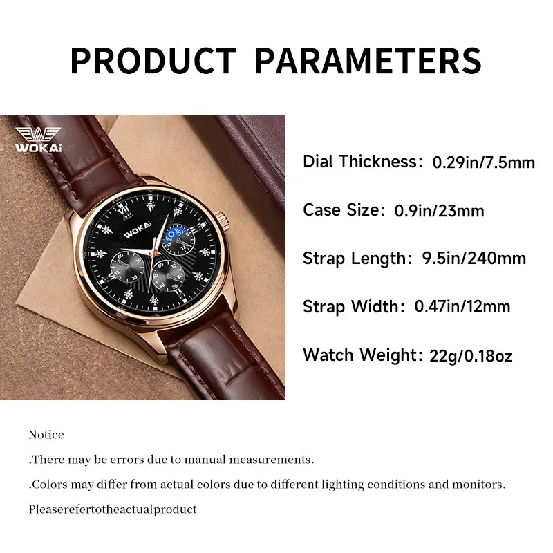 Wokai Men's Quartz Chronograph Watch Rose Gold Black Dial — feature 2