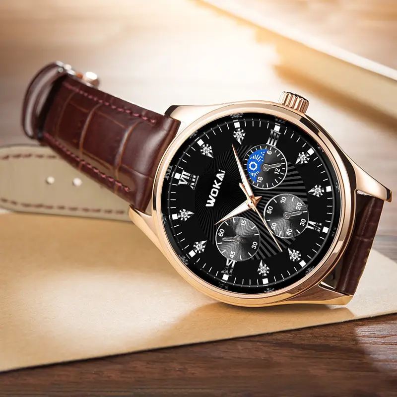 Wokai Men's Quartz Chronograph Watch Rose Gold Black Dial — feature 4