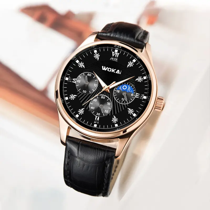 Wokai Men's Quartz Chronograph Watch Rose Gold Black Dial — feature 5