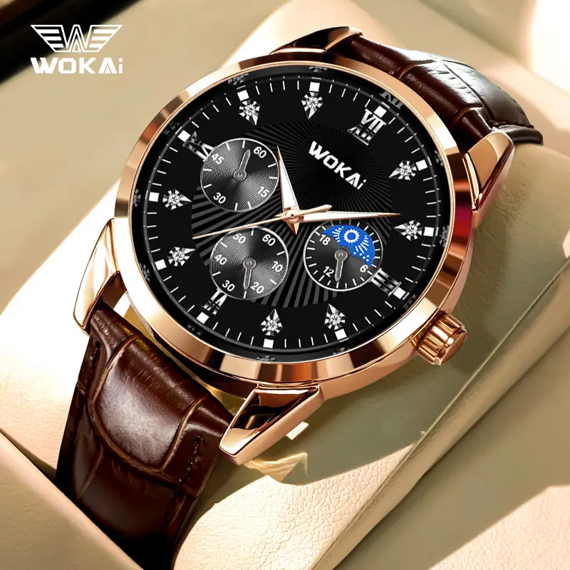 Wokai Men's Quartz Chronograph Watch Rose Gold Black Dial