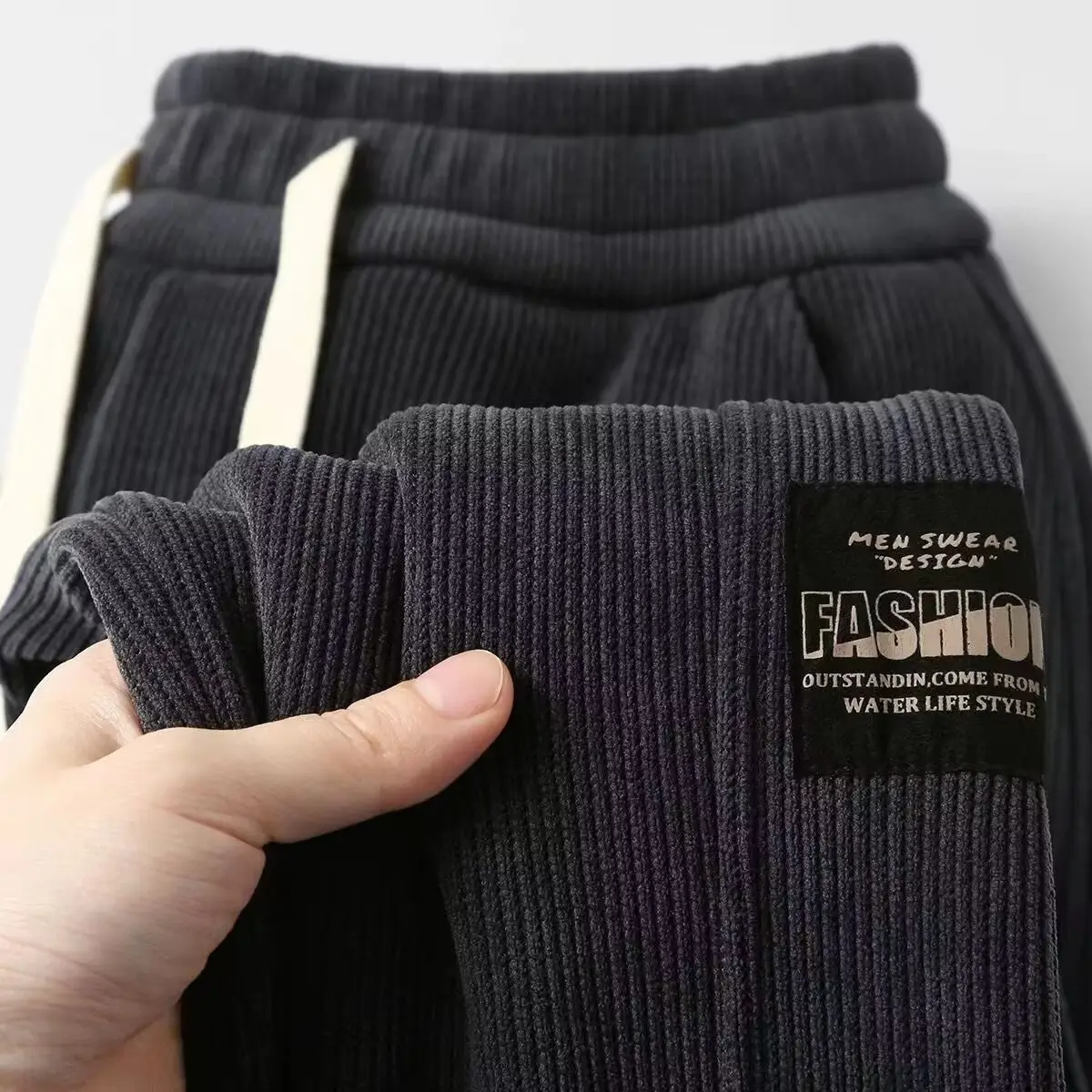Men's Black Fleece Lined Jogger Pants Autumn Winter - Image 2