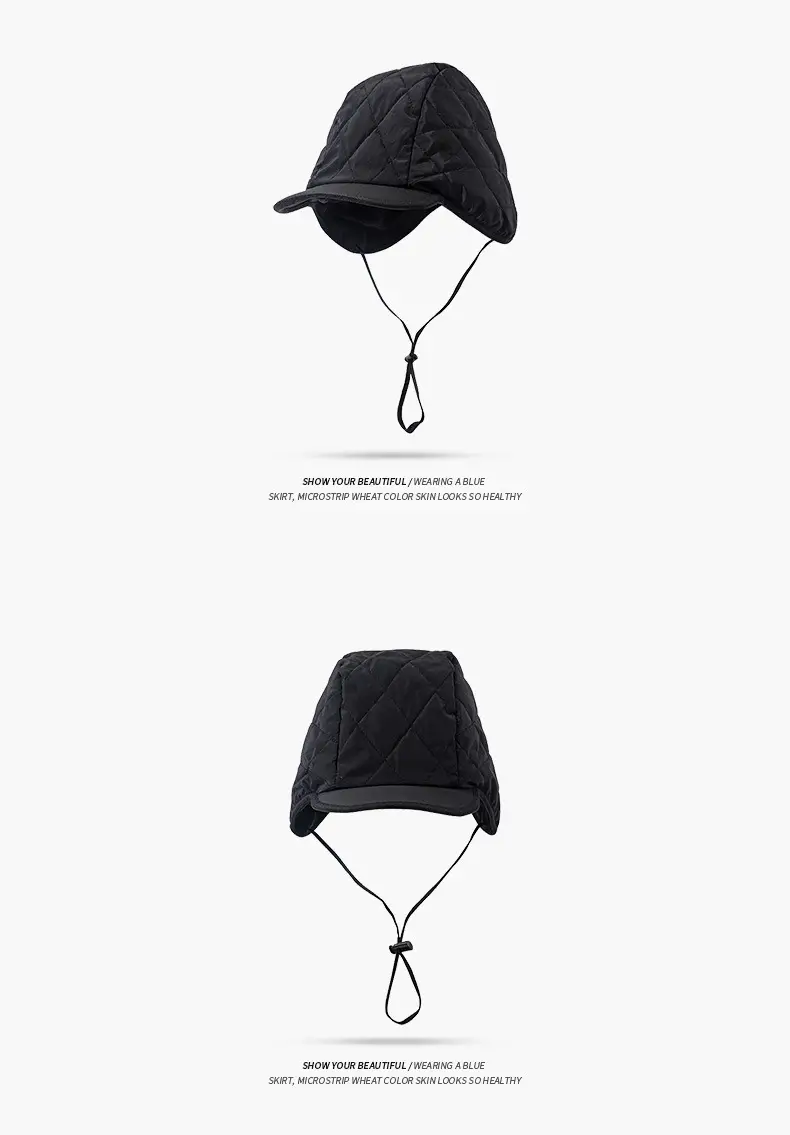 Black Windproof Fleece Lined Winter Hat with Adjustable Strap — feature 7