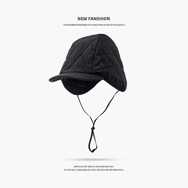 Black Windproof Fleece Lined Winter Hat with Adjustable Strap - Image 3