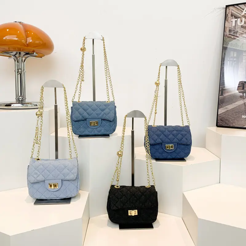 Light Blue Quilted Shoulder Crossbody Bag with Gold Chain - Image 6
