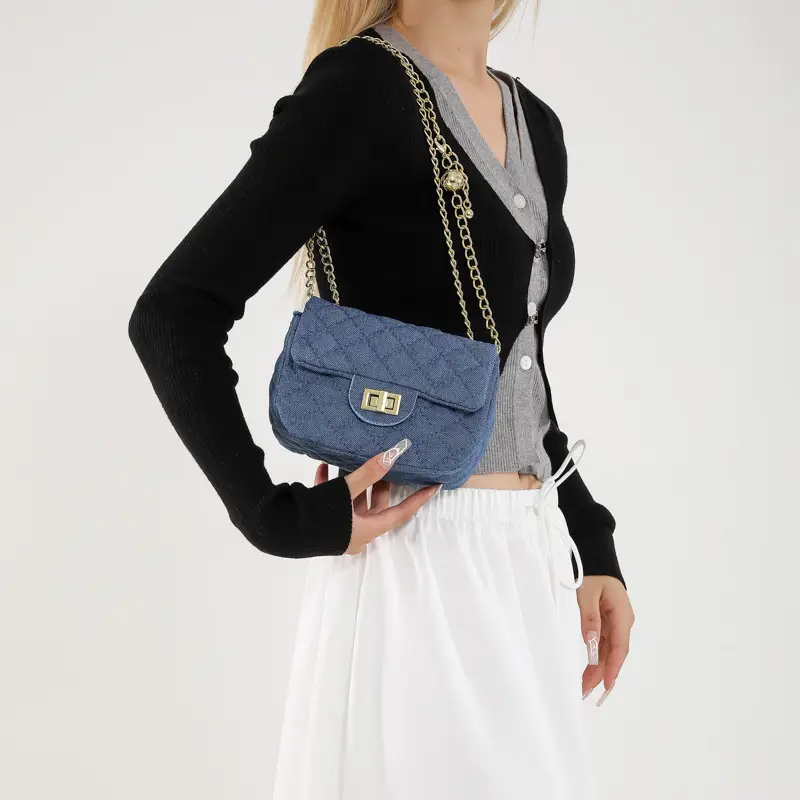Light Blue Quilted Shoulder Crossbody Bag with Gold Chain - Image 7