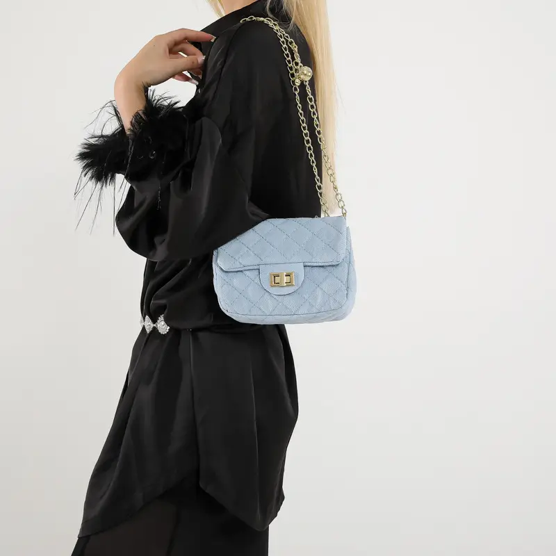 Light Blue Quilted Shoulder Crossbody Bag with Gold Chain - Image 8