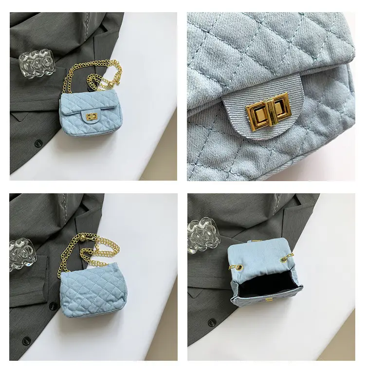 Light Blue Quilted Shoulder Crossbody Bag with Gold Chain — feature 10